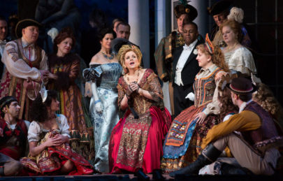 The soprano Renée Fleming, center, in the title role of Franz Lehar’s operetta “The Merry Widow,” at the Metropolitan Opera. Credit: Sara Krulwich/The New York Times 